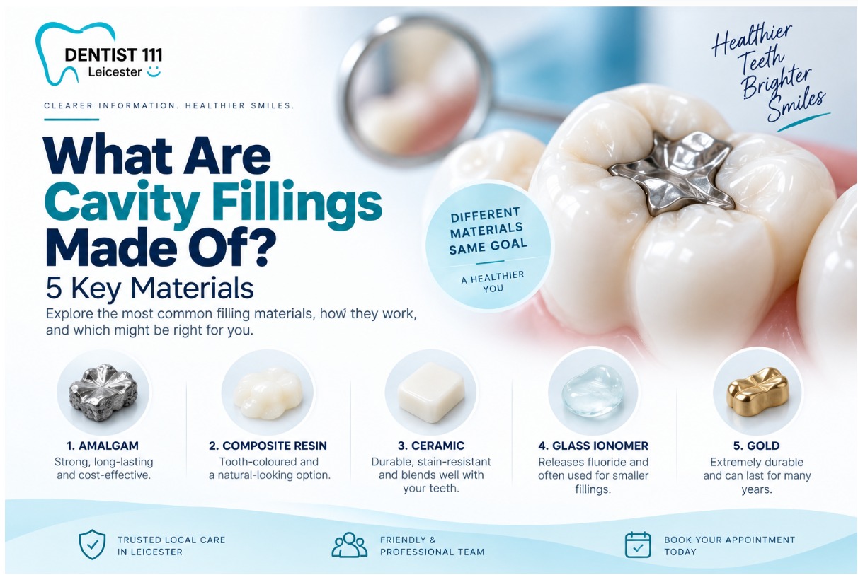 Five types of cavity filling materials including composite resin, dental amalgam, glass ionomer, ceramic, and gold alloy